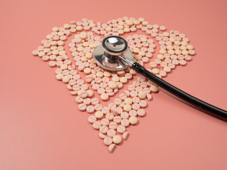 Pink pills and a stethoscope on a pink background. Medical tablets. Pills close up.の写真素材