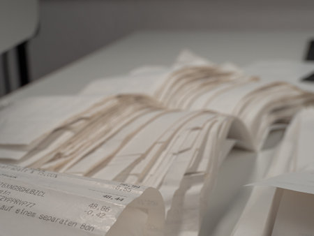 Paper cash receipts in a stack of tickets. Close up of cash receipts.