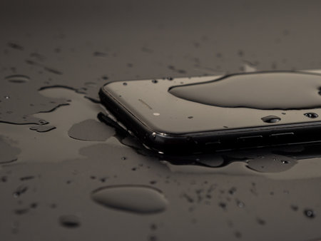 Water has been spilled on the smartphone. The smartphone fell into the water. Wet smartphone on a black background.の写真素材