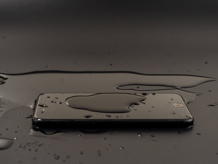 Water has been spilled on the smartphone. The smartphone fell into the water. Wet smartphone on a black background.の写真素材