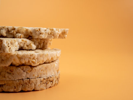 Rice waffles on a beige background with copy space. Rice wafers close-up.の写真素材