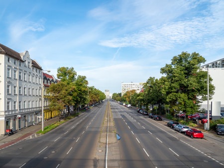 Morning motorway of European city. Cityscape and highway.の写真素材