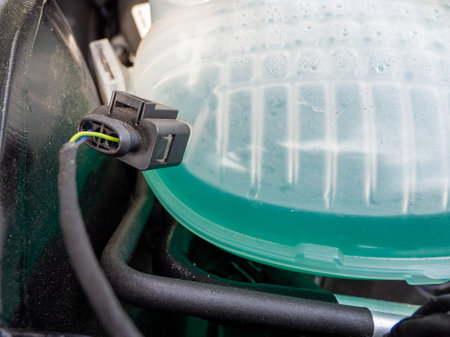 Tank of liquid antifreeze of the cooling system of the car radiator system. Tank with antifreeze close-up.の写真素材