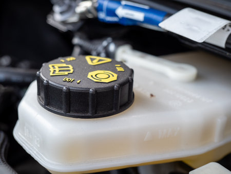 Automotive brake fluid tank. Close-up of the brake fluid reservoir.の写真素材