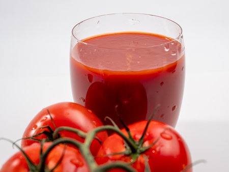 Glass of tomato juice and tomatoes on a white background. Freshly prepared tomato juice.の写真素材