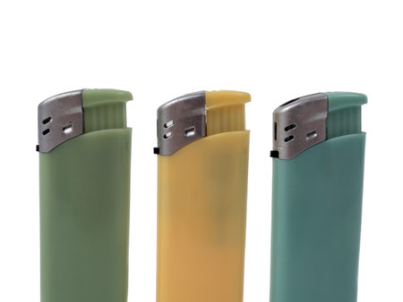 Plastic gas disposable lighter isolated on white background. Gas lighter on white.の写真素材