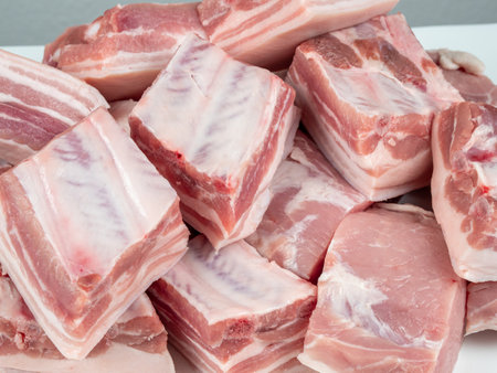 Raw meat. Raw pieces of pork meat. Raw meat close-up.の写真素材