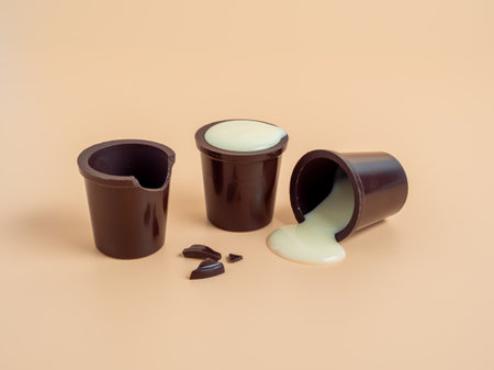 Chocolate cup filled with white pudding on an orange background. Chocolate cup close-up.の写真素材