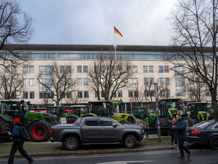Berlin, Germany January 15, 2024 Agricultural tractors in the center of the capital. Farmers' demonstration. Berlin, Germany January 15, 2024のeditorial素材
