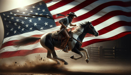 A dynamic scene of a cowboy riding a galloping horse with a large waving American flag in the background. Cowboy in traditional clothing, including hat and boots.の素材