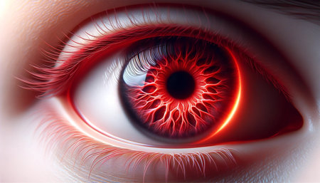 Red eye with a fiery glow. Close-up of a human eye with a unique red iris giving the impression of a fiery glow within.の素材