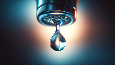 Ultra close-up of a drop of water about to fall from a faucet, with the surface tension of the water noticeably stretched. The focus is on the drop with a soft blurred background.の素材
