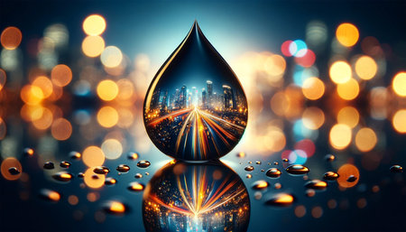 A series of water drops on the glass surface, one of which is clearly focused. The background features a blurred cityscape at night, with lights creating bokeh effects that are reflected and refracted within the droplet in a panoramic horizontal view.の素材