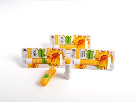 Berlin, Germany, February 3, 2024. Lipstick for lip care. Lip balm close-up. Berlin, Germany, February 3, 2024のeditorial素材