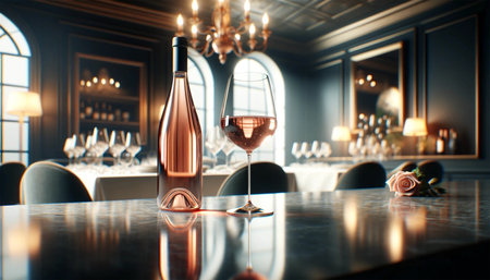 An elegant arrangement of a bottle of rose wine next to a thin, half-filled glass on a marble countertop. The backdrop of a dimly lit upscale dining room, focusing on the reflection of ambient light on the glass and bottle surfaces for a highly detailed photorealistic effect.の素材