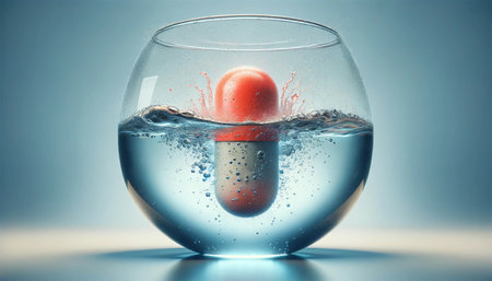 A horizontal, highly detailed image of a medical tablet half submerged in water on a reflective surface. Focuses on the tablet's interaction with water, showing detailed ripples and reflections. Photorealism extends to tablet textures and water dynamics.の素材