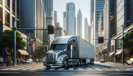 City delivery. A modern gray semi-trailer is driving along a busy city street. Skyscrapers line the road, and pedestrians walk along the sidewalks. Traffic lights and street signs are visible, and the sky is clear, midday blue.の素材