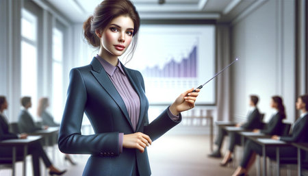 Detailed photorealistic half-length portrait of a business woman in horizontal format with a laser pointer. She wears a dark gray suit with a lavender shirt, and her hair is styled in a chic updo.の素材