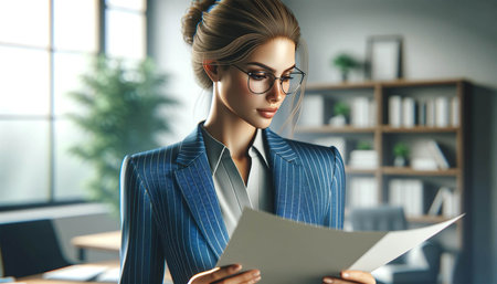 Highly detailed photorealistic half-length portrait in horizontal format of a business woman looking at documents wearing glasses. She's wearing a blue pinstripe suit and her hair is pulled back into a neat bun. The setting is a well-lit office with bookshelves and plants in soft focus in the background.の素材