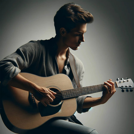 A young man sitting on a chair plays the guitar on a gray background. The guitarist plays the guitar.の素材