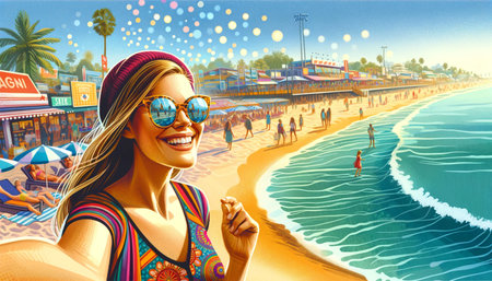 A girl taking a selfie on the beach, dressed in a bright swimsuit and eye-catching sunglasses. The selfie captured her smiling face, a sandy beach, sparkling sea and a busy boardwalk in the background. The image is filled with the joy and energy of a summer day at the beach.の素材