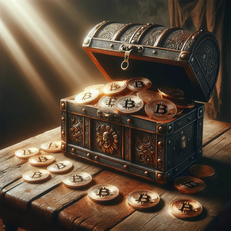 An elegant treasure chest overflowing with Bitcoin coins sits on an antique wooden table in a dimly lit room. Chest with Bitcoin coins.の素材