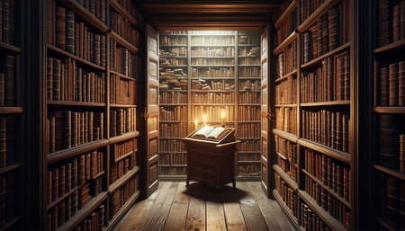 An image of a secret library hidden behind a moving bookcase, with a small room containing tall, crammed shelves of old books, a single desk with a lit candle, and an open ancient tome. Books in the library close-up.の素材