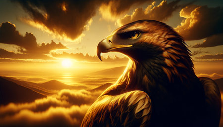 Golden Hour Golden Eagle: A photo taken during golden hour, showing the sky in warm golden and yellow tones. In the center is a majestic golden eagle, its gaze intent and focused as it hunts for prey in the soft light of the setting sun.の素材
