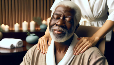 Elderly black man at a spa enjoying a shoulder and neck massage. He sits comfortably back in a padded spa chair, with his eyes closed and a peaceful expression on his face.の素材