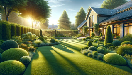 A carefully manicured lawn in the backyard of a house glowing under the warm sunlight. The bright green lawn and carefully formed shrubs are in the foreground, and the sunlight creates a dynamic contrast of light and shadow.の素材