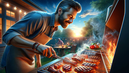 Men are passionate about barbecuing. In the foreground is a grill filled with steaks, sausages and vegetables, delivering vibrant colors and juicy textures.の素材