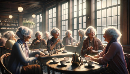 Elderly women are sitting in a cafe and smiling. Elderly women drink coffee in a cafe.の素材