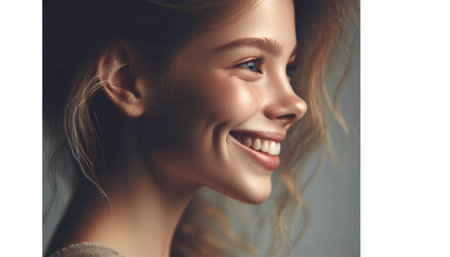 Portrait of a smiling young girl in profile. Portrait of a beautiful girl.の素材