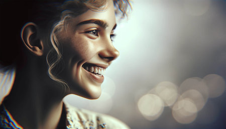 Portrait of a smiling young girl in profile. Portrait of a beautiful girl.の素材