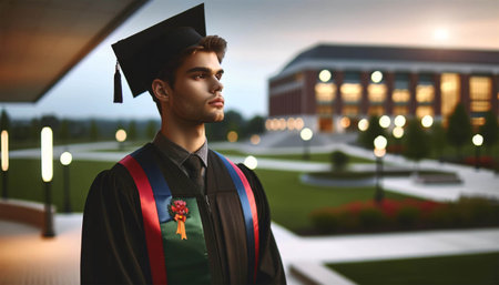 The graduate stands alone and looks into the distance with a thoughtful expression on his face. The graduate wears a black cap and gown, with a colorful sash indicating his field of study. The background shows the blurry skyline of a university campus at dusk.の素材