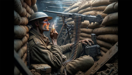 A tired soldier sits in a trench during a break between battles and smokes. A soldier in a trench smokes, holding a machine gun in his hand.の素材