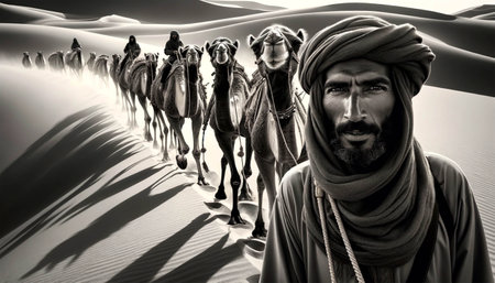 A caravan of camels travels through the sunny desert. Camel caravan close-up.の素材