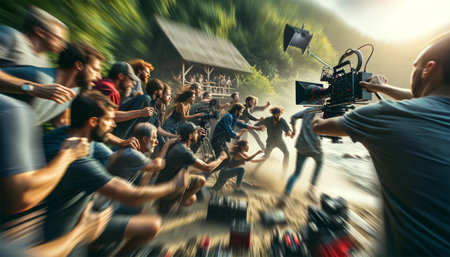 Film crew working together on the set. Organization of outdoor shooting. Director giving directions.の素材