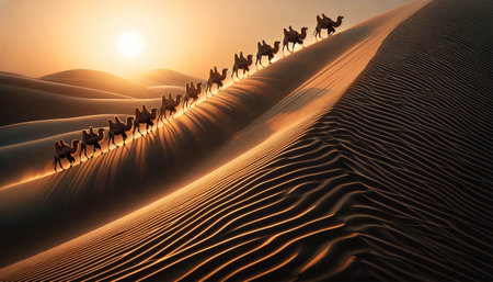 A caravan of camels travels through the sunny desert. Camel caravan close-up.の素材