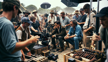 Film crew working together on the set. Organization of outdoor shooting. Director giving directions.の素材