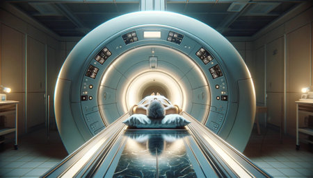 The patient undergoes MRI diagnostics. Diagnostic MRI machine close-up.の素材