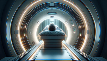 The patient undergoes MRI diagnostics. Diagnostic MRI machine close-up.の素材