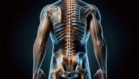 A close-up image of a person's back, emphasizing the main skeleton. The structures of the spine and pelvis, conveying both the fragility and stability of the human body.の素材