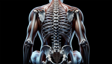 A close-up image of a person's back, emphasizing the main skeleton. The structures of the spine and pelvis, conveying both the fragility and stability of the human body.の素材