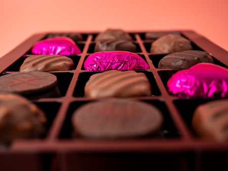 Box of chocolates on a pink background. Chocolate candies close-up.