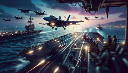 A military aircraft carrier during an operation in a combat zone. Fighter planes taking off, captured in a moment of adrenaline and precision.の素材