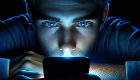 Close-up of a young man staring intently at a glowing smartphone screen late at night. The blue light reflects off his worried face, highlighting the intensity in his eyes as they scroll through social media.の素材
