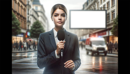 A female reporter stands in the middle of a busy street with a microphone in her hand, ready to cover an event live. Reporters at work.の素材