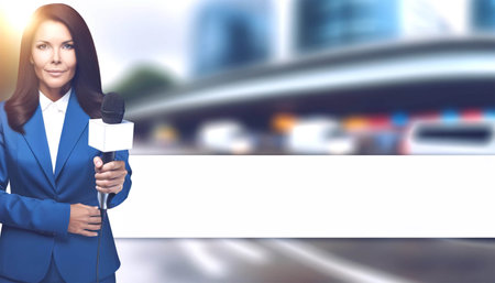 A female reporter stands in the middle of a busy street with a microphone in her hand, ready to cover an event live. Reporters at work.の素材