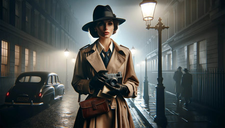 Portrait of an old-fashioned female detective walking along a foggy street in a night city. She is dressed in a long, elegant raincoat, a wide-brimmed hat and gloves, and is holding an antique camera.の素材